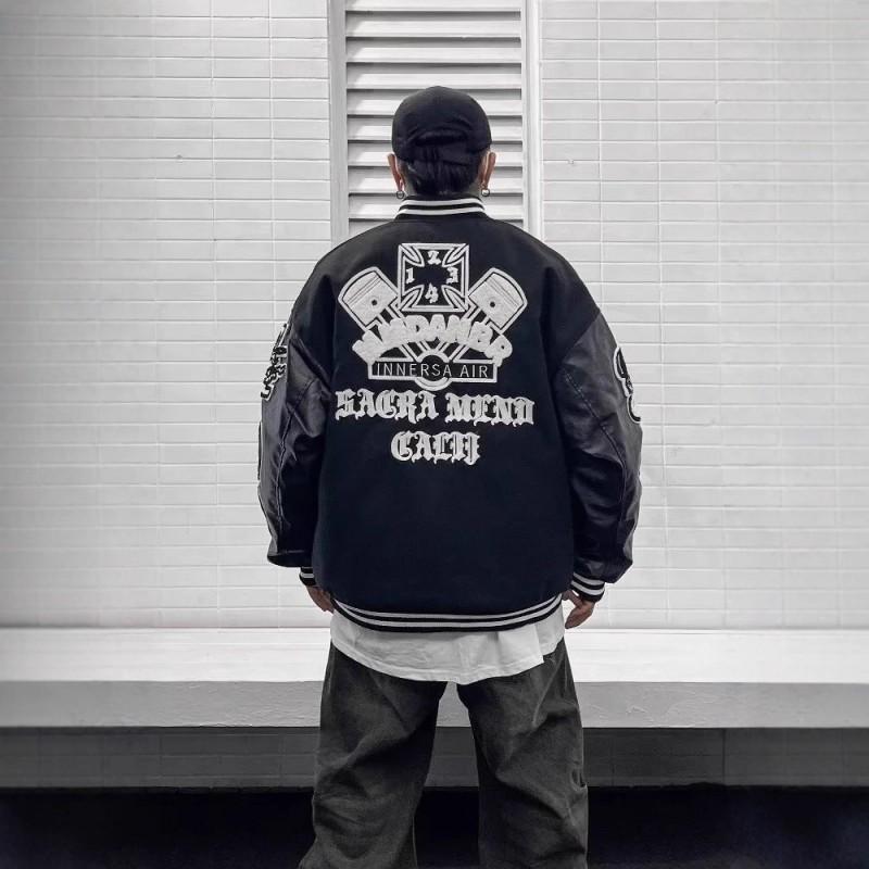 Mens Oversized Streetwear Baseball Jacket With Contrast Color Panels Embroidered Ghost Motif PU Leather Trim