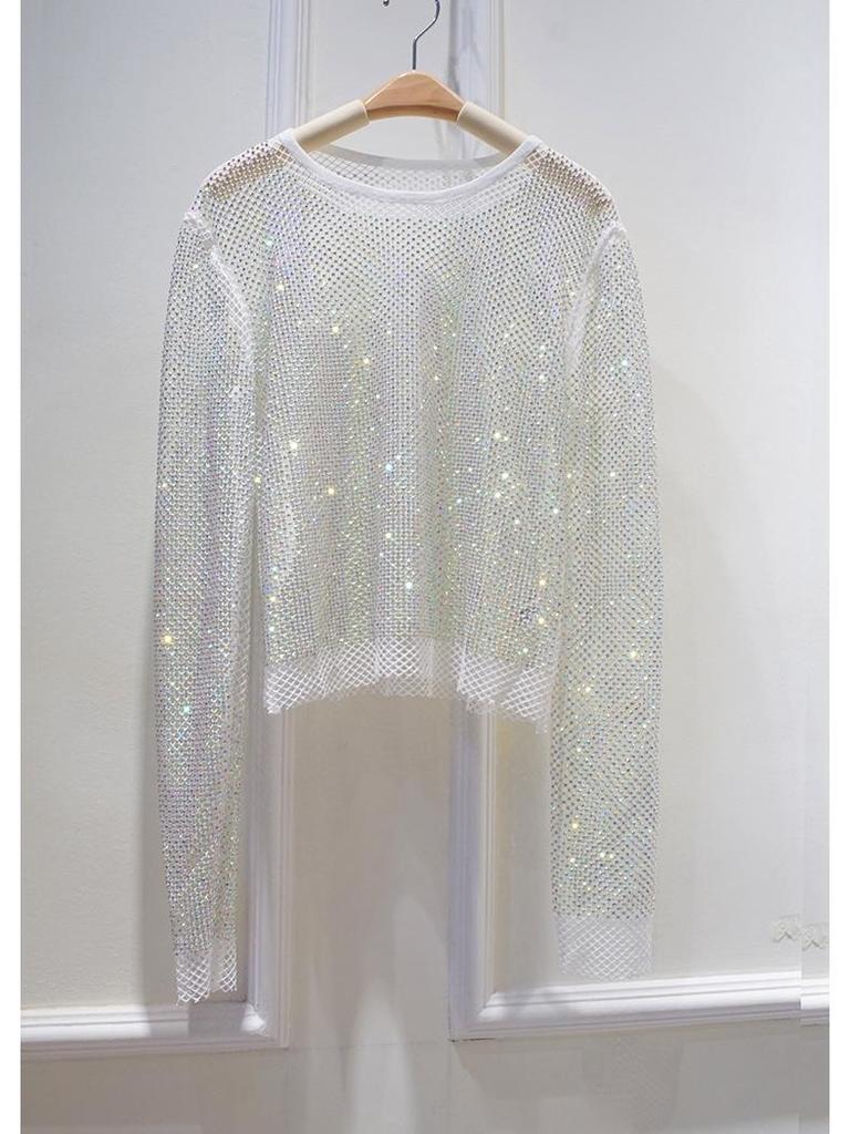 Europäischer & Amerikanischer Modischer Rundhals-Pullover mit Strasssteinen und Diamanten, Langarm-Top