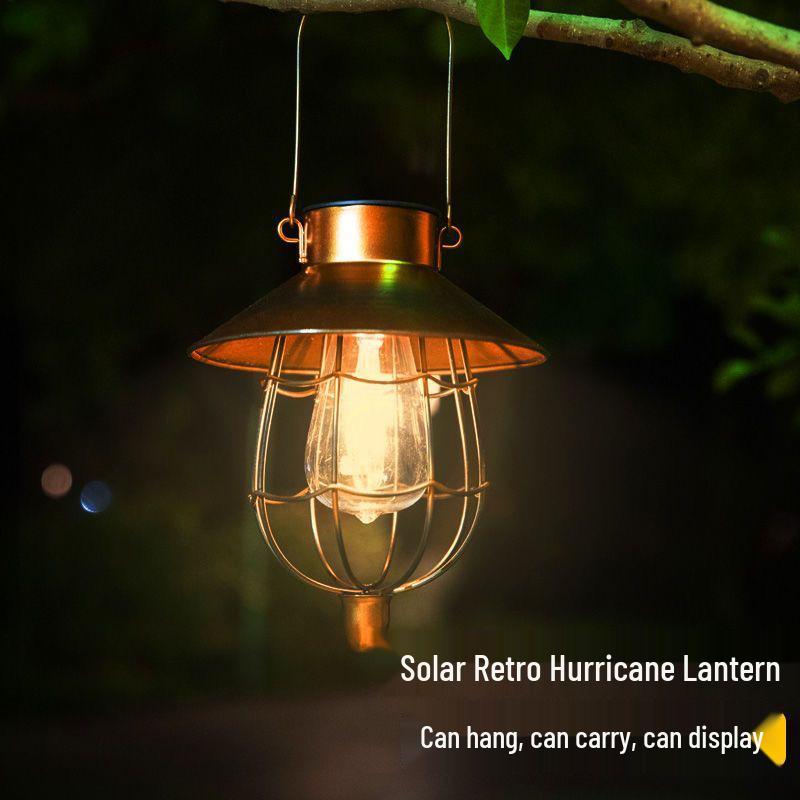 Retro Wrought Iron Solar Courtyard Lantern: Outdoor Tungsten Filament for Garden, Balcony, Camping & Decorative Night Lighting.