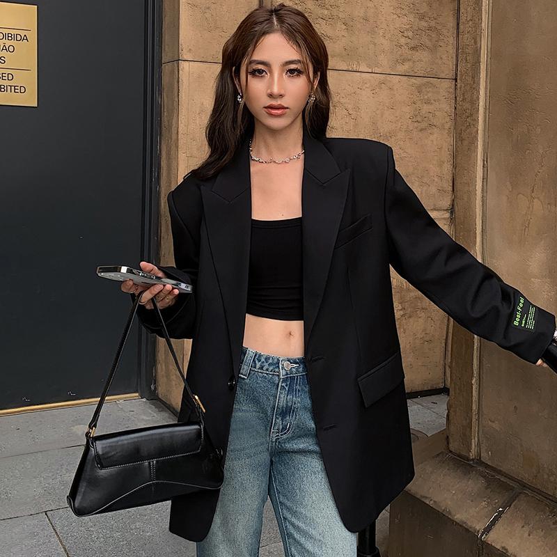 Women Blazer Lapel Solid Color Loose Long Sleeve Suit Jacket Fashion Office Lady Legant Wide Shoulder Commuting Jacket Summer Autumn