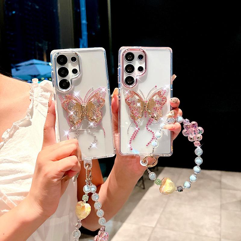 Suitable for Samsung S25ultra Mobile Phone Case S24 Jingdian Color Butterfly Diamond Ring Bracket S23 Fully Inclusive Anti Fall Protection Case