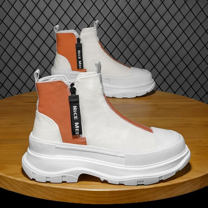 

Autumn Men Casual Sneakers Canvas Chunky Platform Ankle Boots High-cut Zip Patchwork Sneakers Male Breathable Sport Shoes 38-44 44