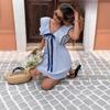 Women's V Neck Short Sleeve Mini Dress Loose Fit High Waist Sweet Striped A-Line Dress For Summer Beach Daily Dating