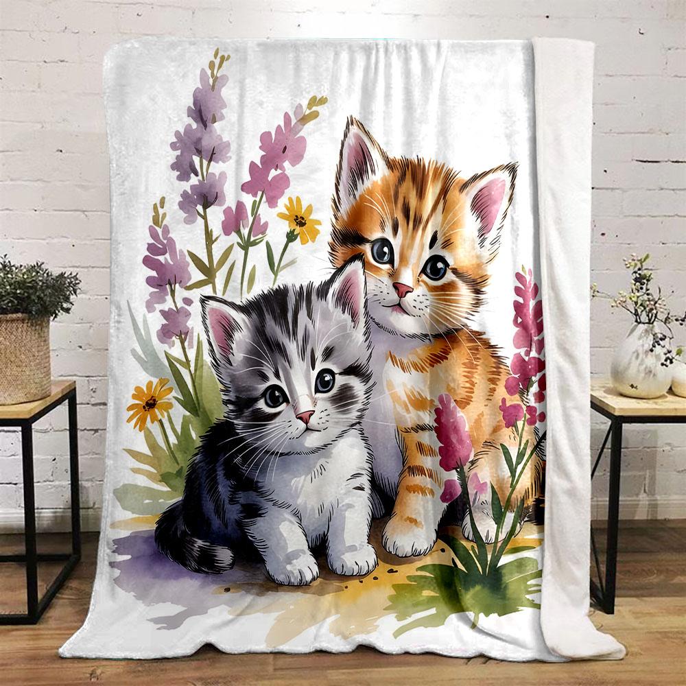 Cute Kittens with Colorful Flowers Patterned flannel blanket perfect for the bedroom living room, sofa, or a little nap