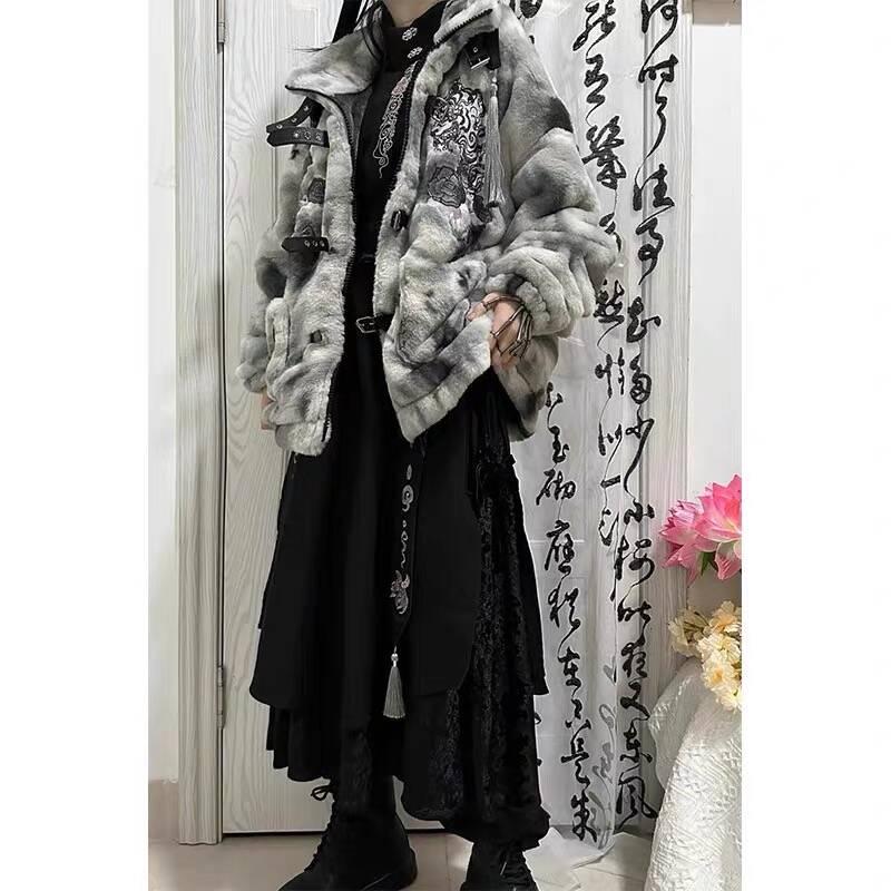 Dark Style Sheyin Faux Rabbit Fur Coat - Quirky Embroidered Stand-Up Collar for Autumn/Winter