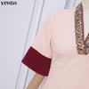 VONDA Elegant Women Half Sleeve Beading Webbing Stitching Casual Long  Maxi Dress