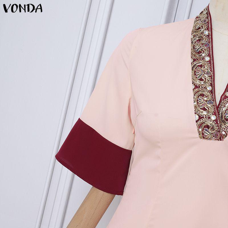 VONDA Elegant Women Half Sleeve Beading Webbing Stitching Casual Long Maxi Dress