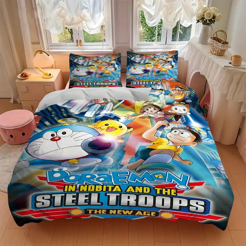 Doraemon Steel Troops Adventure Print 3Pcs Bedding Set,Duvet Cover with 2 Bedro,Pillowcase Home Birthday Gift