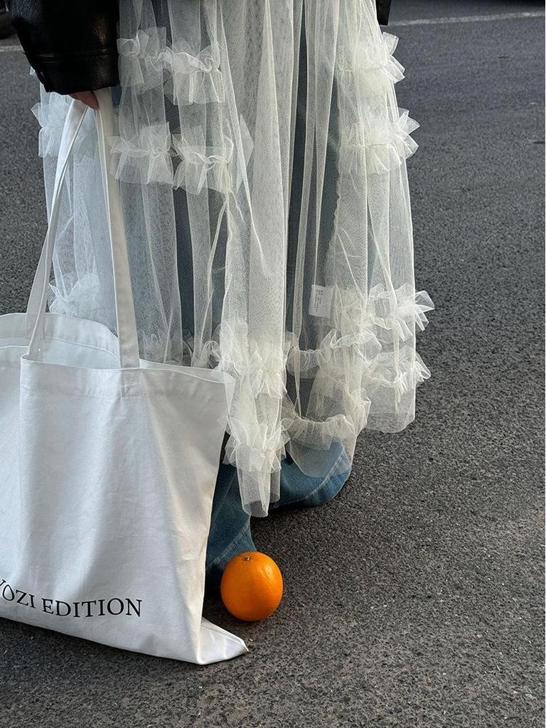 LUXI Korean Sweet Mesh See-Through Camisole Dress with Layered Blouse & Lace Long Skirt