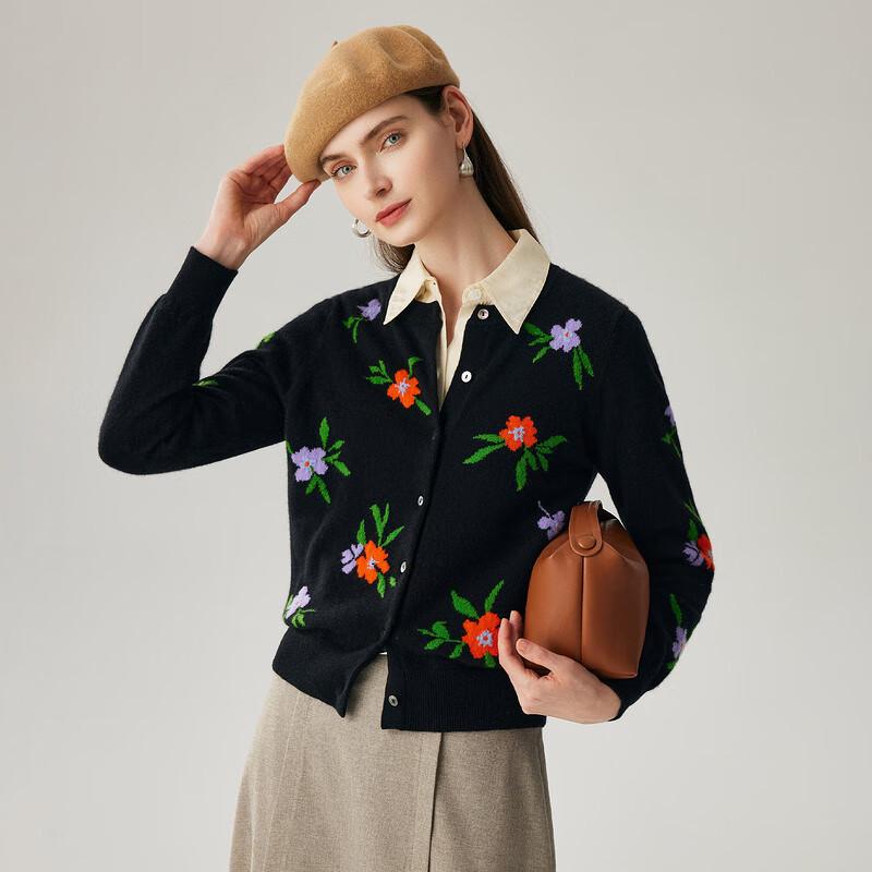 Zhaojun Women's 100% Cashmere Round Neck Floral Cardigan