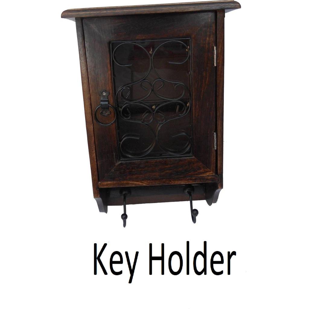 Handicraft ANTIQUE LOOK WALL HANGING BOX OF Wood, Glass, Iron Key Holder (8 Hooks, Brown)
