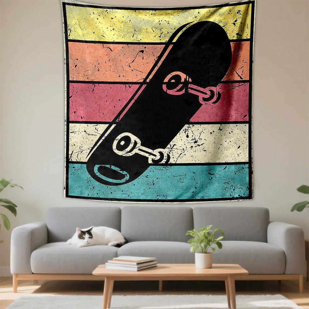 Tapestry Skateboard Silhouette Retro Sunset Stripes Yellow Orange Red Teal Vintage Poster