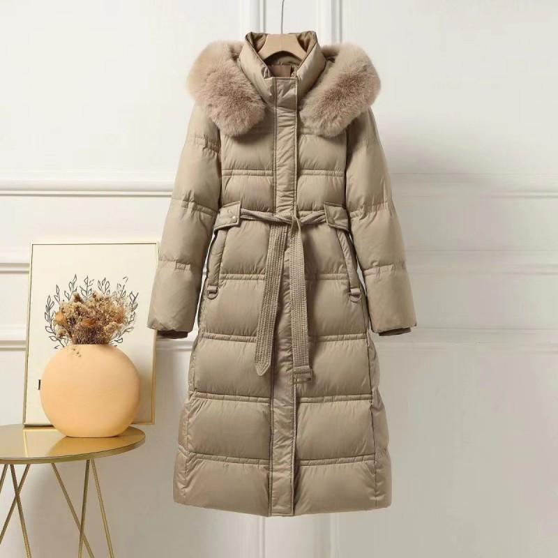 Womens Long Down Coat Over Knee Slim Fit Hooded With Real Fox Fur Collar Thick Warm White Duck