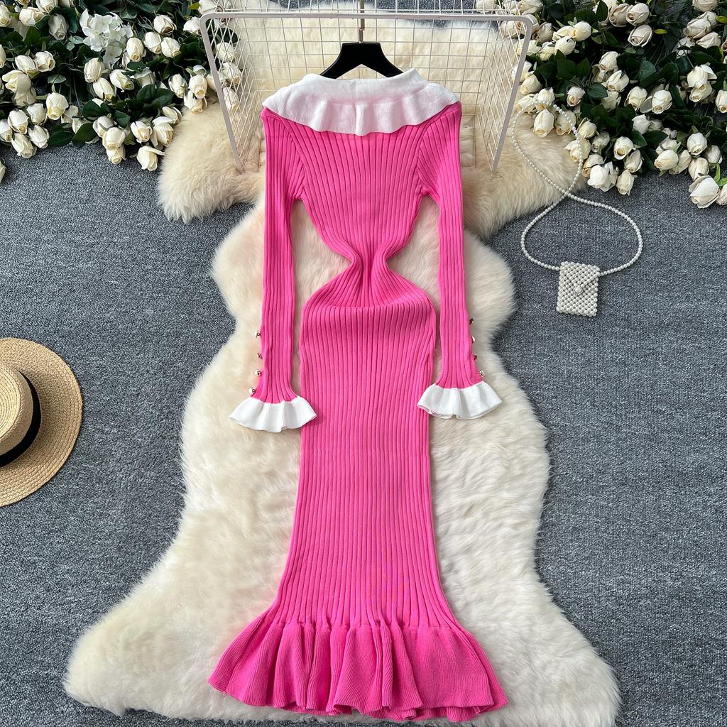Spring Autumn Women Sweet Peter Pan Collar Knitted Sweater Long Midi Slim Mermaid Dresses