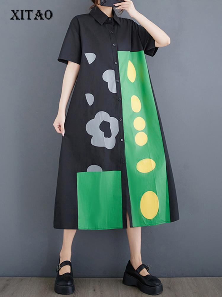 

XITAO Casual Loose Contrast Color Print Single Breasted Dress New Women ZY8792