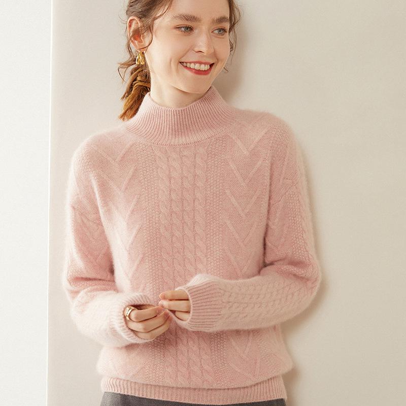 Women's Cashmere Cable Knit Sweater - Half-High Collar, Thick, Loose Fit, Solid Color, Perfect for Autumn/Winter