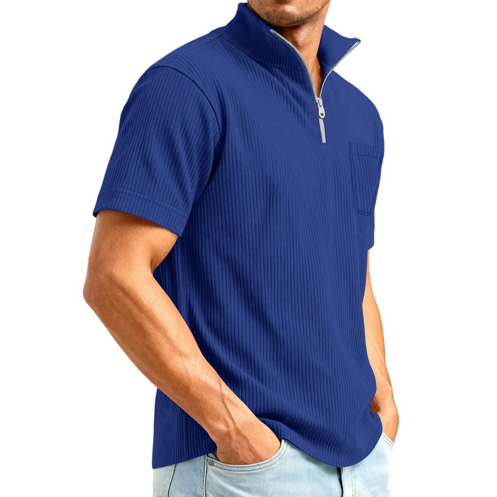 Men's 1/4 Zip Corduroy Short Sleeve Top | Loose Fit Fashion Casual Pullover For Daily Wear