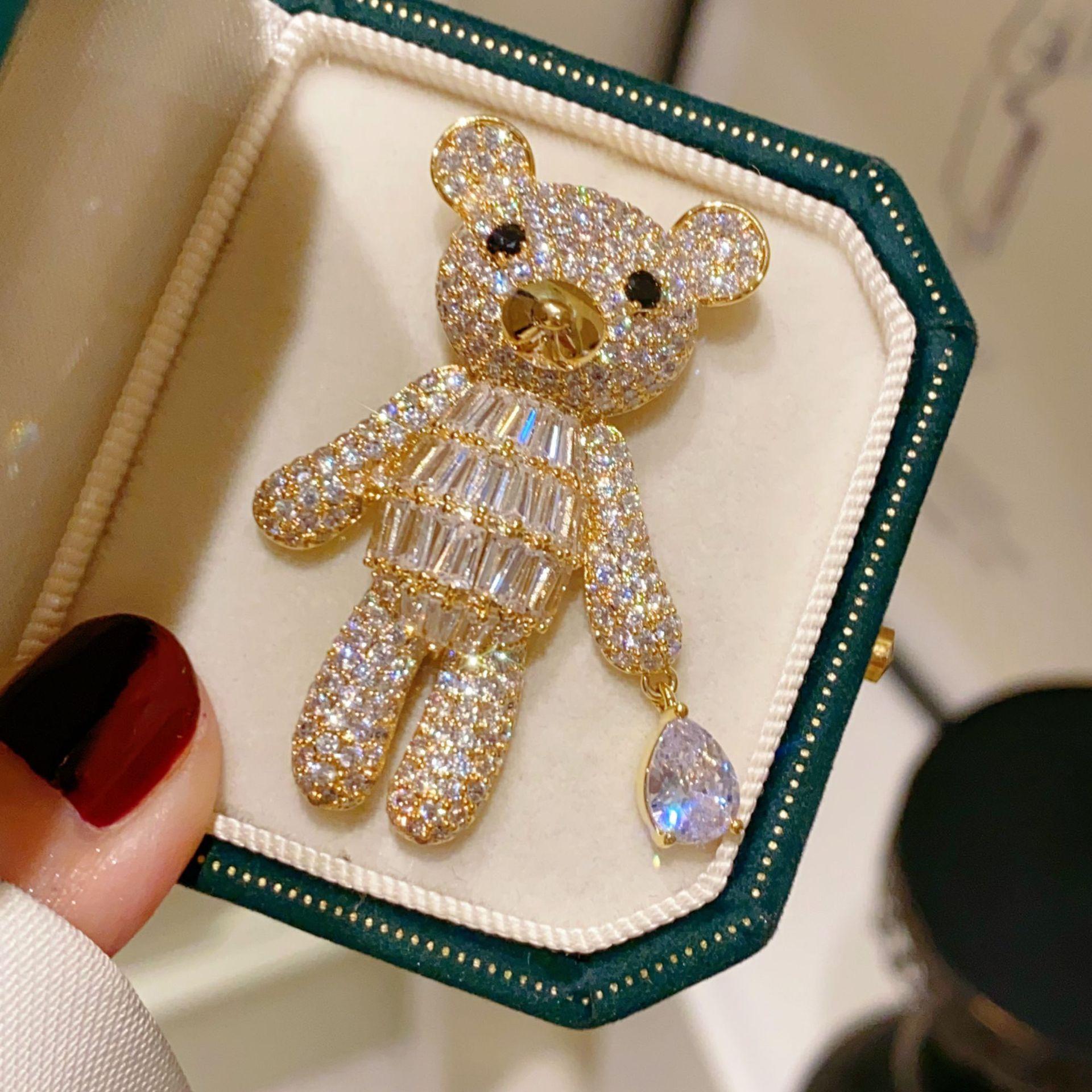 Women s Rose Gold Plated Brass Bear Shape Zircon Stone Wedding Engagement Party Brooch Rhodium Plated