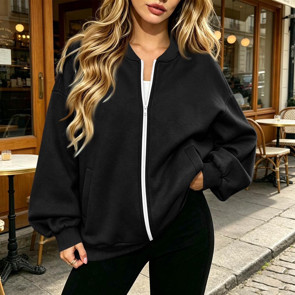 Women's Long Sleeve V-Neck Zip-Up Jacket, Casual Color Loose Fit Outerwear