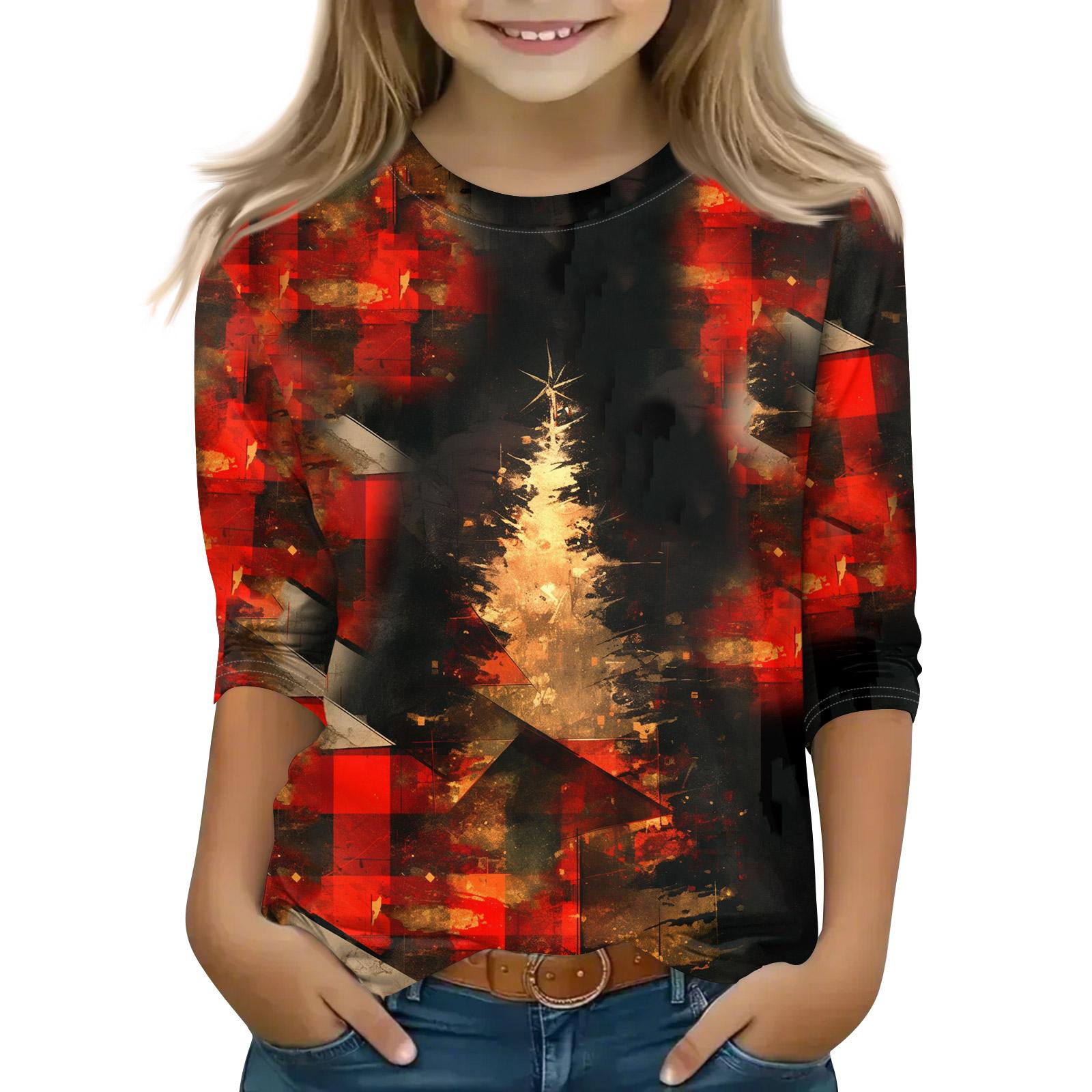 

Рождественские топы с принтом для девочек-подростков 5-16 лет, футболки с круглым вырезом и рукавами 3/4, модные топы, нарядные футболки 110 красный