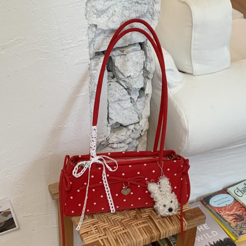 Bow-tie Lace Trim Shoulder Bag Korean Popular Polka Dot Handbags Cute Elegant Underarm Bag Zippered Large-capacity Commuter Bag
