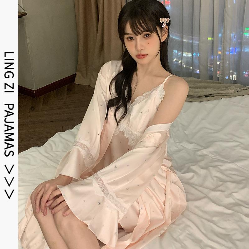 1011 New Ice Silk Pajamas Lace Suspenders Retro Style Thin High-end Casual Can Be Worn Outside Loungewear Set