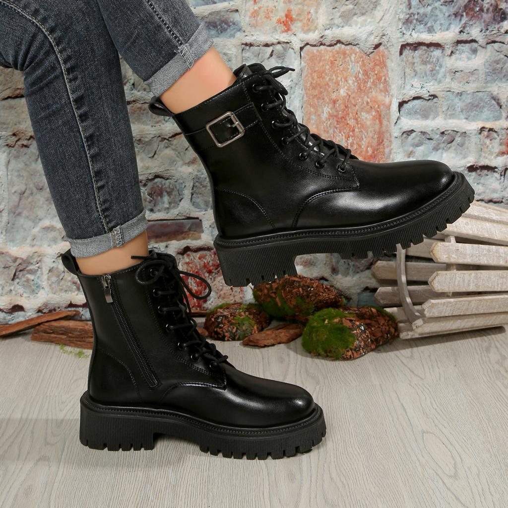2026 Women's Boots PU Leather Casual Boots Fashion Ankle Boots Women Lace-Up Platform Boot Side Zipper Botines Para Mujeres
