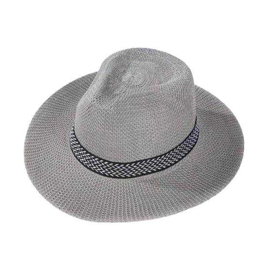 Men Summer Fisherman Hat Hollow Straw Weaving Full Face Sun Protection Wide Brim Western Cowboy Hat with Black Ribbon Decor Foldable Beach Hat