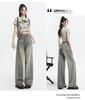 2024 Summer Women's High Waist Retro Distressed Wide-Leg Pants with Raw Hem
