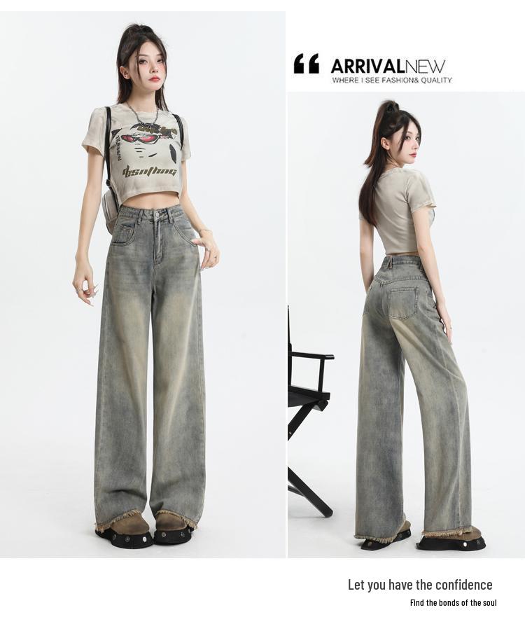 2024 Summer Women's High Waist Retro Distressed Wide-Leg Pants with Raw Hem