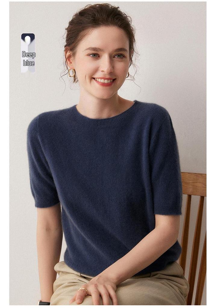 100% Pure Cashmere Round Neck Short Sleeve Pullover Sweater - Solid Color, Loose Fit for Autumn/Winter