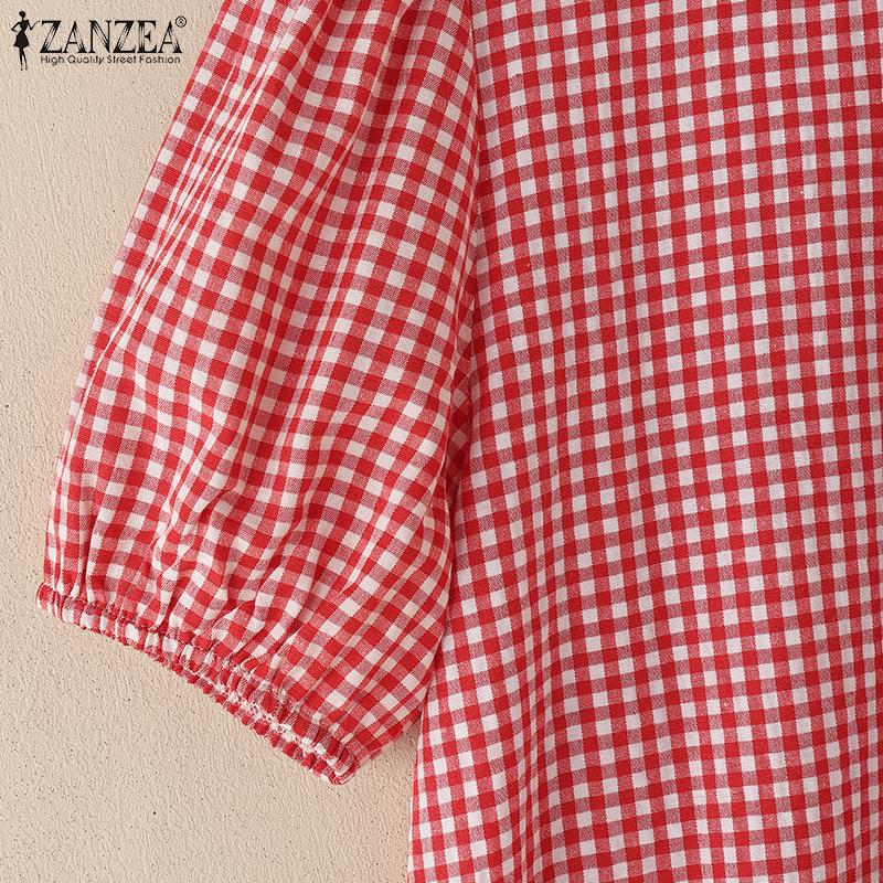ZANZEA Damen Freizeit Rundhals Gitterdruck Sommer Kurzarm Kleid