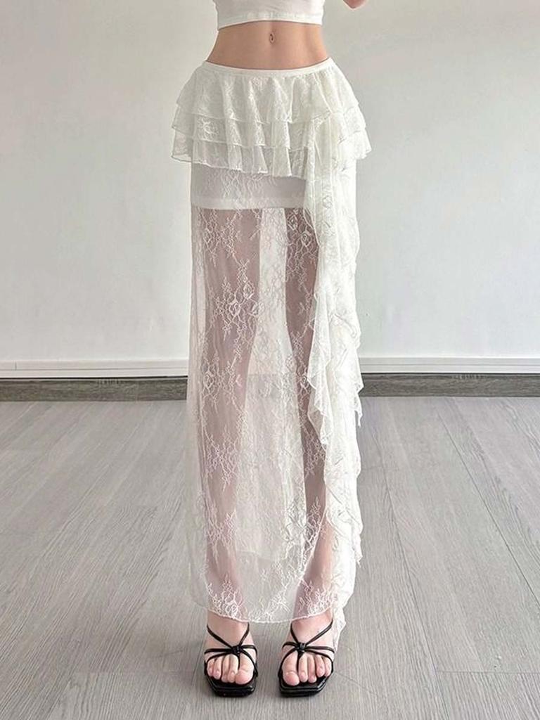 Women's Lace Mesh Skirt Y2k White Midi Skirt Elegant Bohemia Style Clothing Summer
