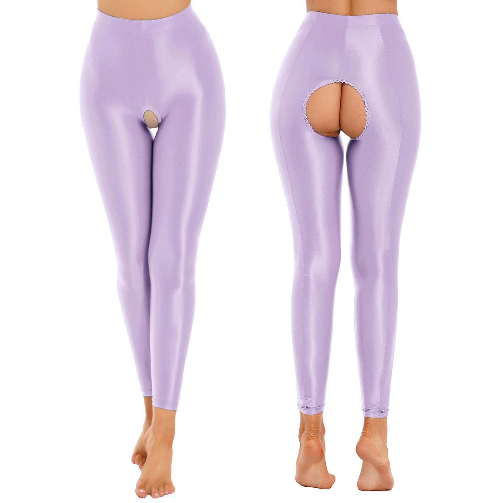 

Womens Glossy Stretchy Open Crotch Leggings Solid Color Elastic Waist Skinny Pants Perfect Valentines Day Honeymoon Gift L світло-фіолетового кольору