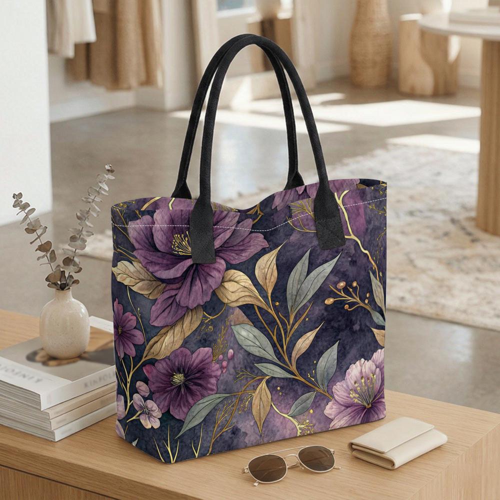 Elegant Purple Floral Tote Bag Large Capacity Reusable Shopping Shoulder Bag for Daily Use
