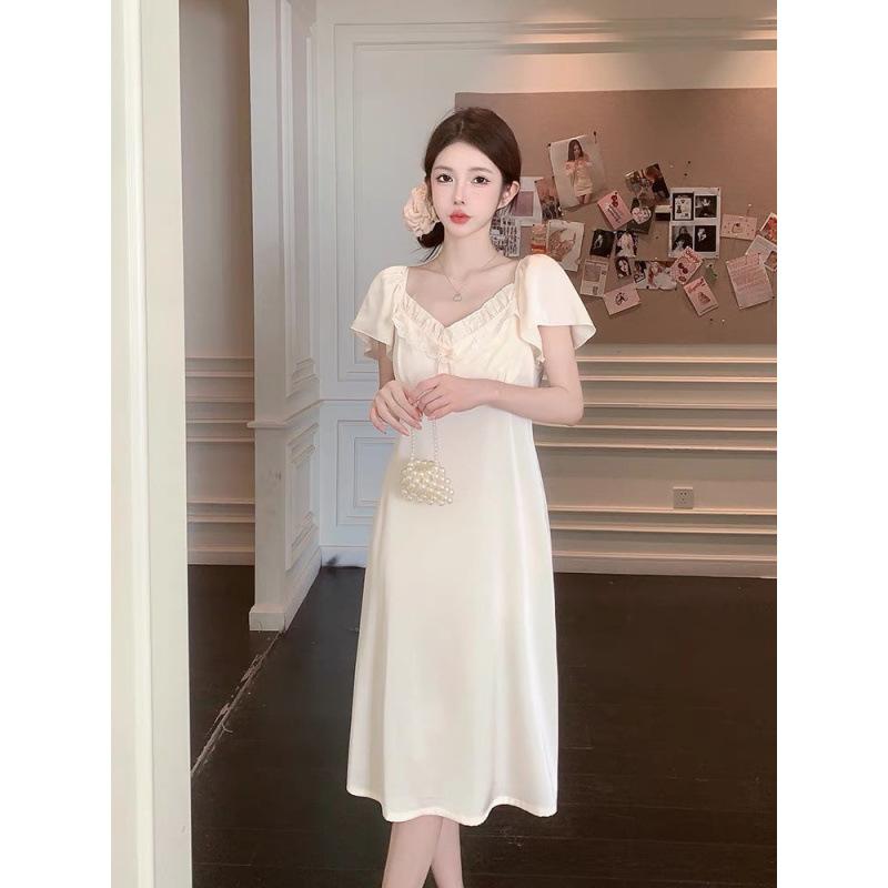 1011 Summer New Sweet Ice Silk Nightdress Women's Sexy Pajamas with Chest Pads Thin Long Court Style Loungewear