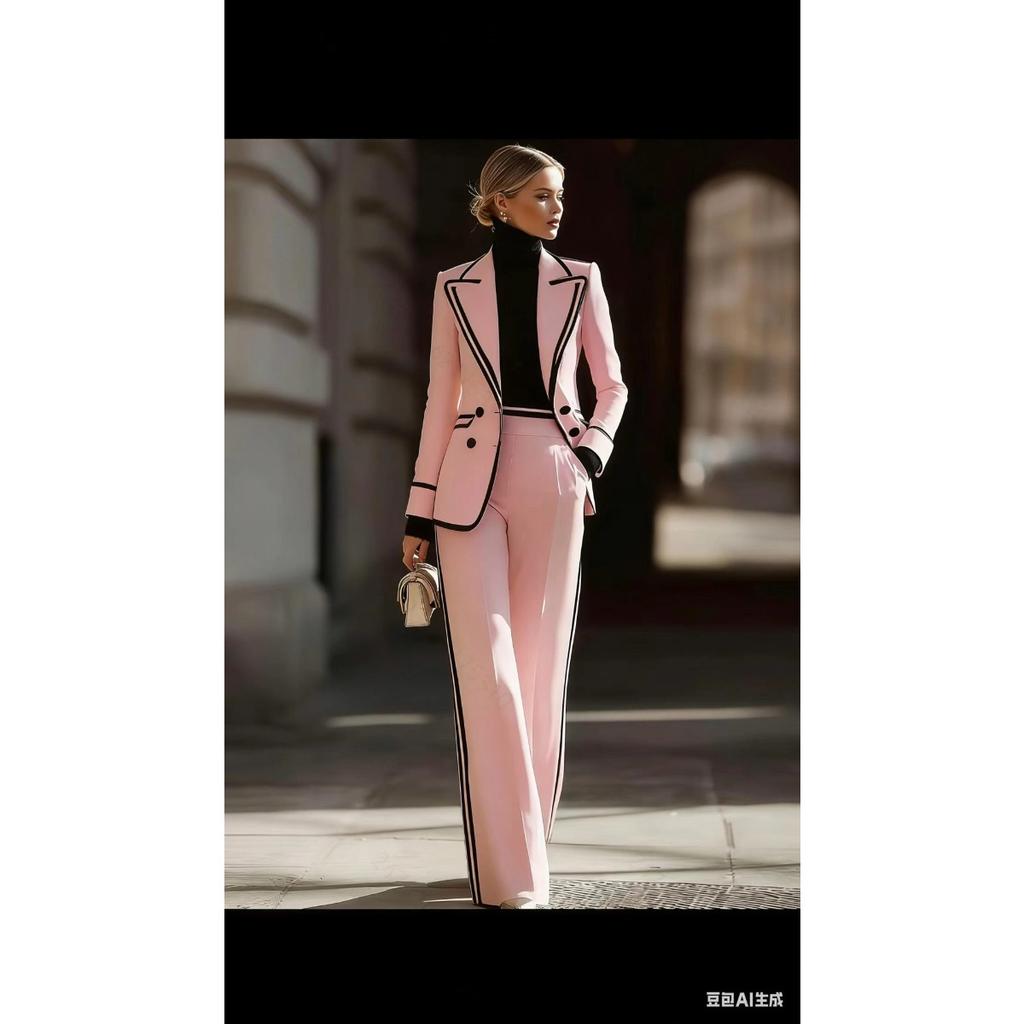 Damen Slim Fit Hosenanzug Langarm-Blazer mit Weitbein-Hose Colorblock Arbeitskleidung Set