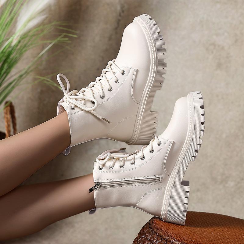 Fashion Side Zip Shortleg Boots Women's Fashion Round Toe Lace-Up Front Platform Anti-Slip Wear-Resistant Single Boots