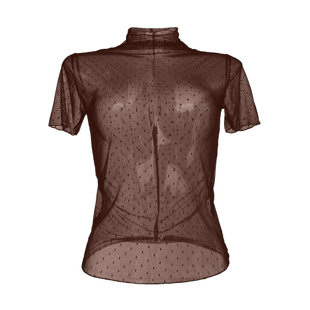 Women's Solid Color  Mesh Short Sleeved Half High Neck Base Small Shirt Top Small Shirt Top