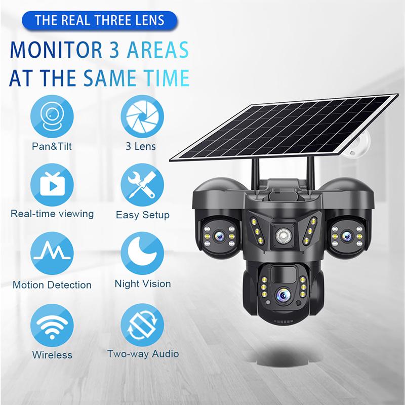 Cameră Solară 4G de Exterior Obiectiv Triplu Trei Ecrane 15MP Cameră IP cu Panou Solar Baterie Încorporată Detectare Mișcare PIR Cameră CCTV