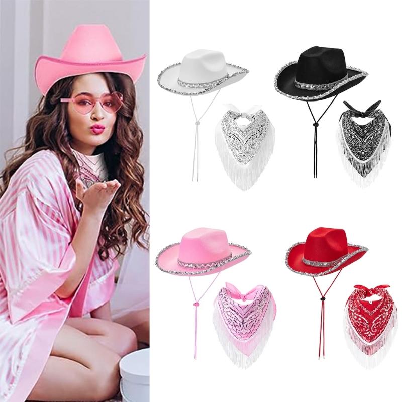 Cowgirl Hat+Scarf Set for Music Festival Cool Scarf for Costume Party Cool Bandana for Bachelorette Party