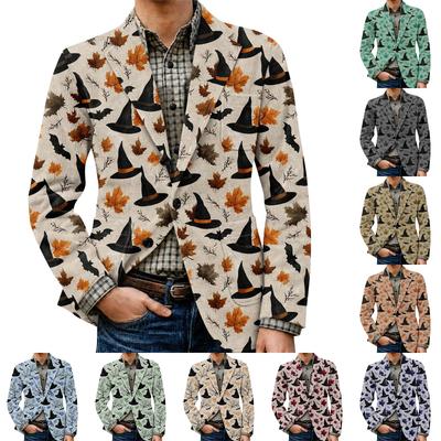 Men's Halloween Print Corduroy Warm Pocket Blazer Jacket Casual Suit Coat Cardigan with Button Closure and Notch Lapel for Fall and Winter