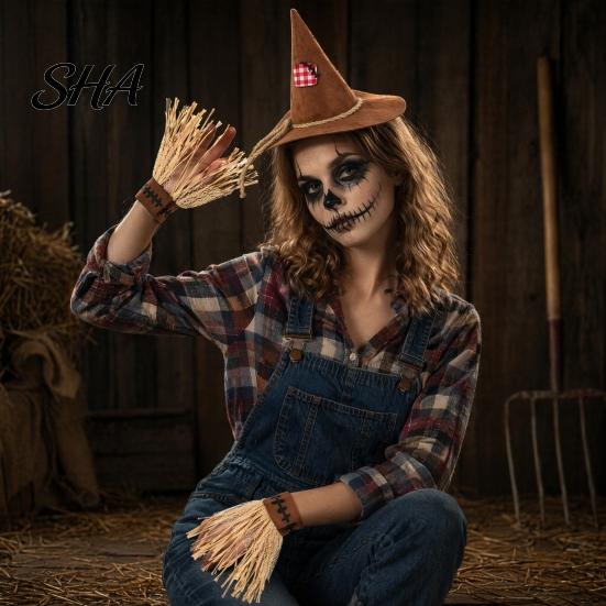 Elastic Headband for Costumes Scarecrow Costume Set, with Pointed Hat And Straw Retro Pieces Bracelets, Halloween Cosplay Farm Party Accessories