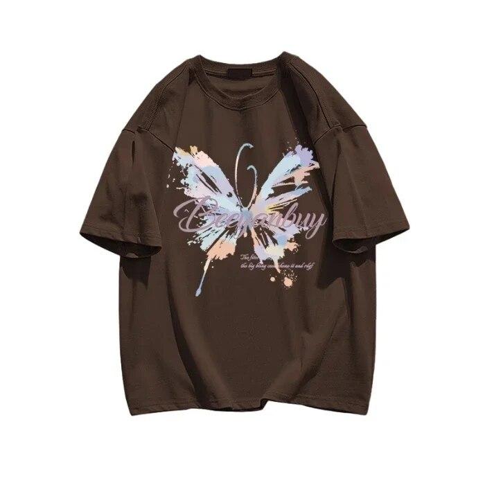 Sommer Uformelle y2k topper T-skjorter harajuku overdimensjonert sommerfugltrykk i ren bomull T-skjorte Grafisk Dame T-skjorter Hipster kawaii klær