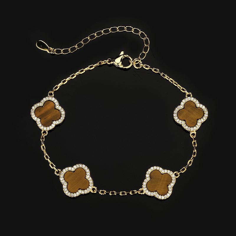 Jewelry Set Earrings Necklace Bracelet New Accessories Four Leaf Clover Natural Tiger Eye Stone Light Luxury Women's