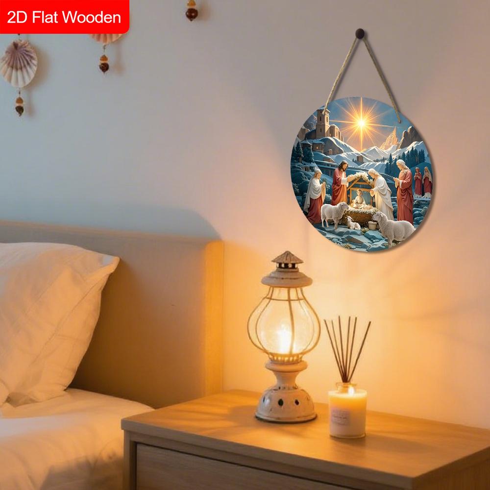 Semn de Crăciun din Lemn Nașterea Domnului - Ornamente Unice cu Figurine cu Model Isus - Ideal pentru Ușa din Față, Curte, Pridvor, Decor Cameră