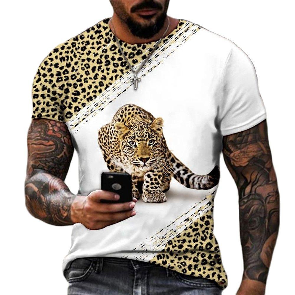 Animal World Leopard 3D Printed T-shirts Summer Street Trendy 0-Neck Short-sleeved Oversized Men's T-shirts