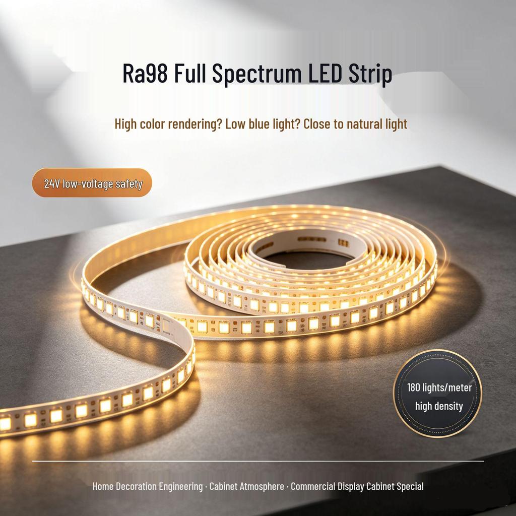 Ra98 Full Spectrum 24V LED Strip: Flicker-Free, Self-Adhesive, High CRI & Brightness, Eye-Friendly Ceiling Light for Living Rooms