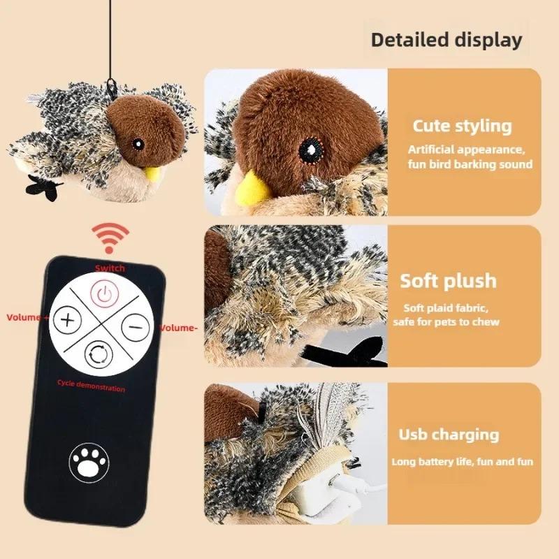 Rechargeable Interactive Flying Bird Cat Toy Chirping Flapping Bird with 3 Adjustable Levels Remote Control Pet Toy