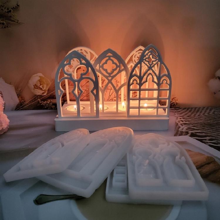 5pcs Candlesticks Silicone Molds Gothic House Candle Holder Castings Molds